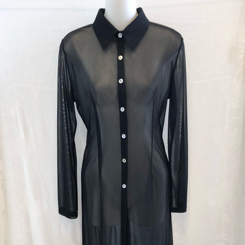 French YUMI MAZAO Sheer Black Poly Long Shirt Dress 2 M